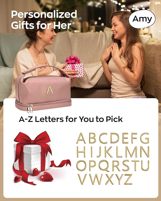 Travel Essentials, Personalized Makeup Bag with Handle, Initial Double Layer Cosmetic Bag with Makeup Brush Organizer, PU Leather Travel Toiletry Bag, Gifts for Friends Female Mom