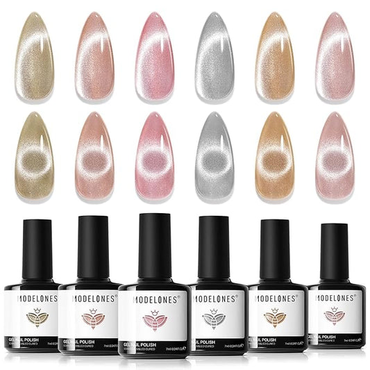 Modelones Cat Eye Gel Nail Polish Set, Holographic Glitter 6 Colors with Magnet Sparkle Galaxy Series Nude Pink Gel Polish Soak Off Led Gel Polish Kit Nail Art Gel Manicure Salon DIY Gifts