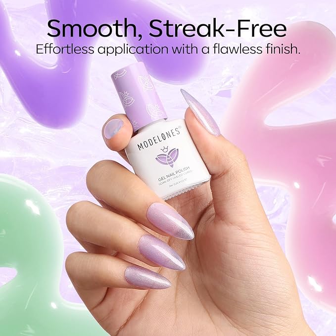 Modelones Spring Gel Nail Polish Kit with U V Light, Clear Cat Eye Jelly Pink Purple Green Manicure Set with Base Top Coat Lucky Gems Stickers 4 Colors Gel Mini Salon Nail Art Starter Gift for Women