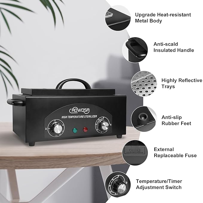 High Temperature Metal Tool Cleaning Box, 2L Dry Heat Cabinet Beauty Hair Nail Metal Tool Cleaning for Manicure Pedicure Barber, with 0-60 Min Timer & 50-220℃ Temp Settings, Plastic Sterilization Tray