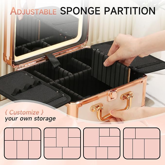 Leeora&Leekoo Makeup Box with LED Mirror & Aluminum Frame, Compact Multi-Layer Cosmetic Organizer - Portable ABS Travel Train Case for Makeup Storage(Gift for Girlfriend/Daughter) (Off white)