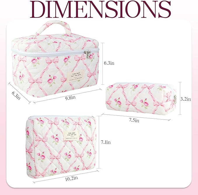Makeup Bag, 3 PCS Quilted Makeup Bag, Cute Floral Cotton Cosmetic Bag set, Coquette Makeup Pouch Large Travel Toiletry Bag