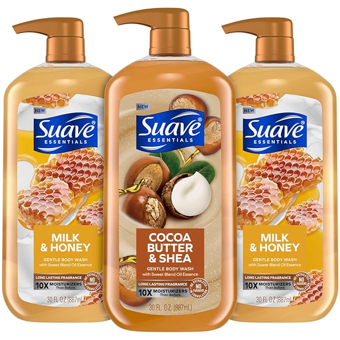 Suave Body Wash Variety Bundle – Milk & Honey 2-Pack & Cocoa Butter Shea, Gentle & Moisturizing Body Washes with Vitamin E, 30 Oz Ea (3 Piece Set)