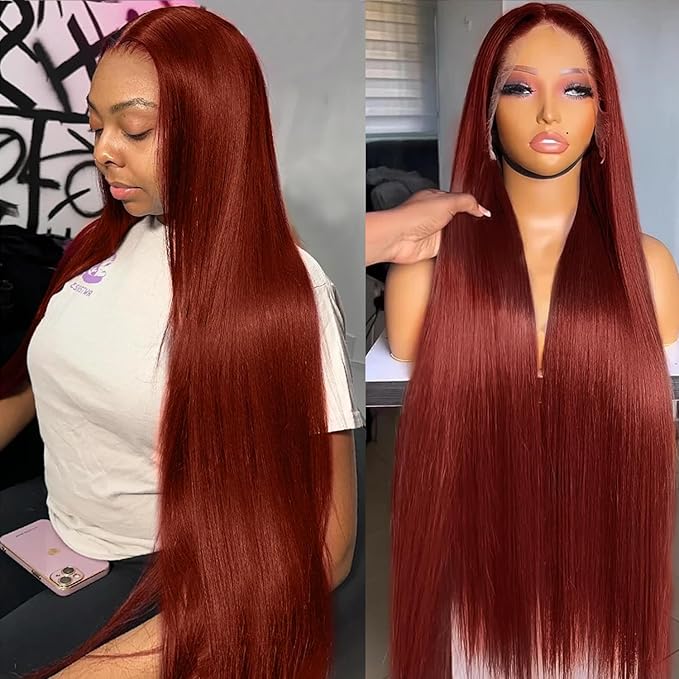 13x4 HD Lace Front Wigs Human Hair Reddish Brown Brazilian Unprocessed Straight Human Hair Lace Frontal Wig with Baby Hair Auburn Copper Colored Glueless Wigs for Women (Reddish Brown,26 Inch)