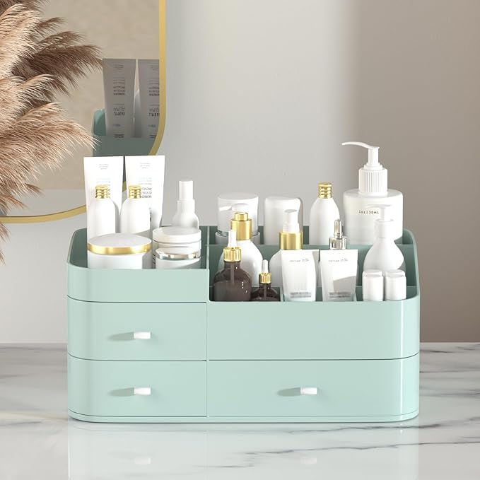 MIUOPUR Makeup Organizer for Vanity, Large Capacity Desk Organizer with Drawers for Cosmetics, Lipsticks, Jewelry, Nail Care, Skincare, Ideal for Bedroom and Bathroom Countertops - Large Green