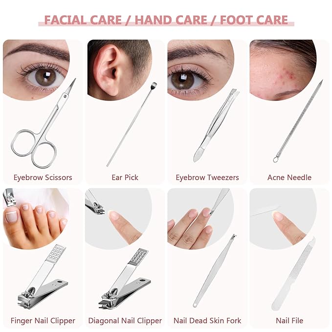 Geosar 12 Sets Manicure Set Nail Clippers Pedicure Kit 8 in 1 Stainless Steel Professional Grooming Kits Nail Care Tools with Travel Case for Men Women(Glitter Pink)