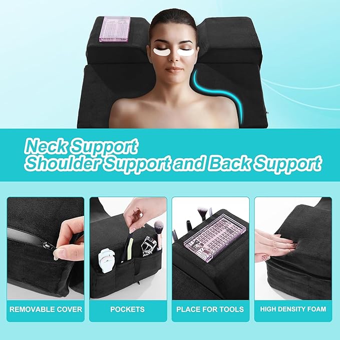 BALAPET Lash Pillows for Eyelash Extensions Ergonomic and Comfortable Velvet Foam Eyelash Pillow for Neck and Back Support Pillow Side Pockets can be Placed Tools,Easy to Graft Eyelashes(Black)