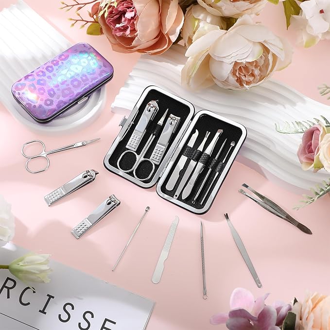 Lasnten 24 Set Manicure Set Bulk Nail Clippers Grooming Nail Kit Stainless Steel Professional Pedicure Kit Pedicure Tools with Travel Case Gifts for Men Women Personal(8 in 1,Laser)