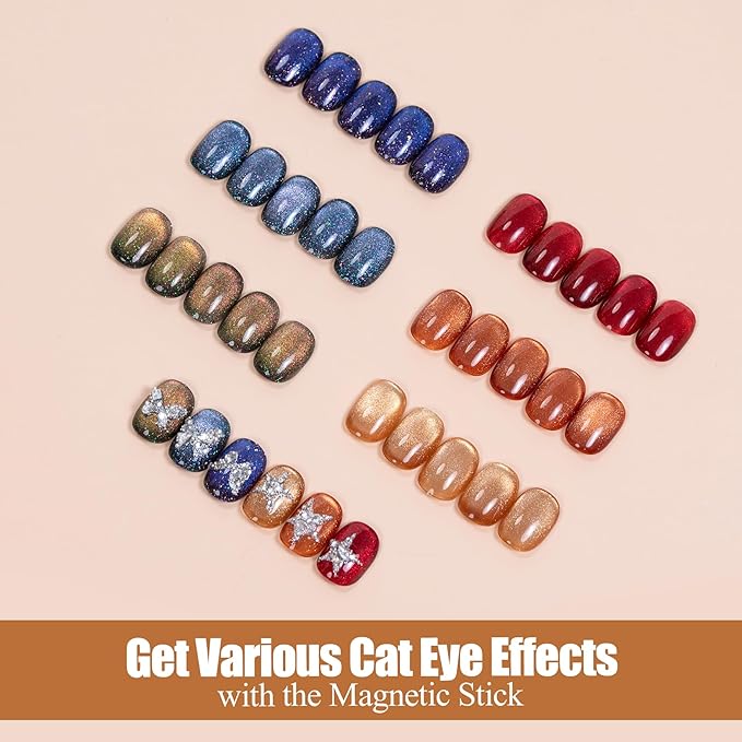 Adhere 6Pcs 12ML Cat Eye Gel Nail Polish Set,Colorful Light Reflective Glitter Cat Eye, Sparkling Diamond Magnetic Amber Shine Color with Magnet Autumn Winter Dark Cat Eye