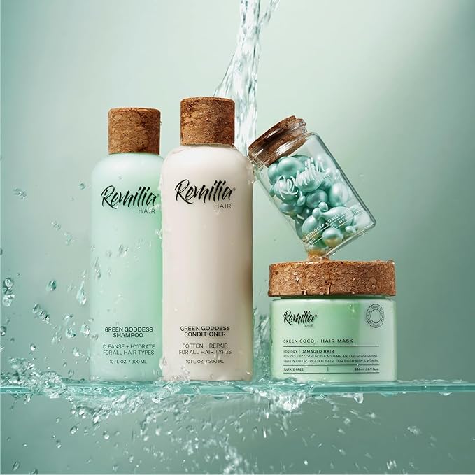 REMILIA Green Goddess Vegan Rosemary Shampoo and Conditioner Set for Dry, Damaged Hair w/Avocado Oil, Coconut Oil, Green Tea Extract