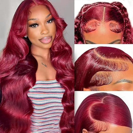 AIRDOT 99J Burgundy Lace Front Wigs Human Hair 26 Inch Red Burgundy Wig Human Hair 13x6 HD Body Wave Lace Front Wigs Human Hair 180% Density Pre Plucked Frontal Human Hair Wigs for Women