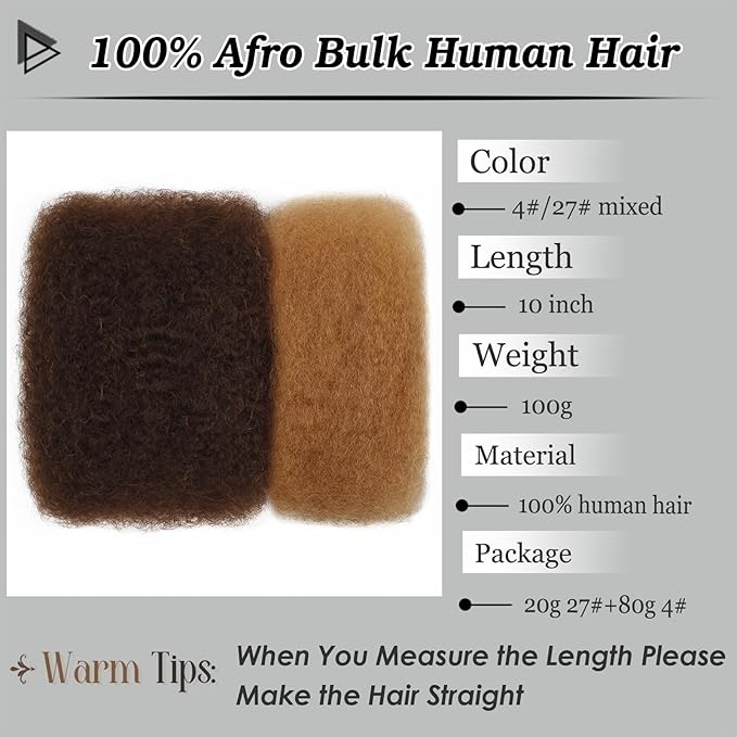 Afro Kinkys Bulk Human Hair 10 Inch 100g Highlight Afro Kinky Curly Human Hair Bulk for Dreadlock Extensions, Micro Locs, Braiding Twists, Braids and Repair Locs(10 Inch, 4/27#)