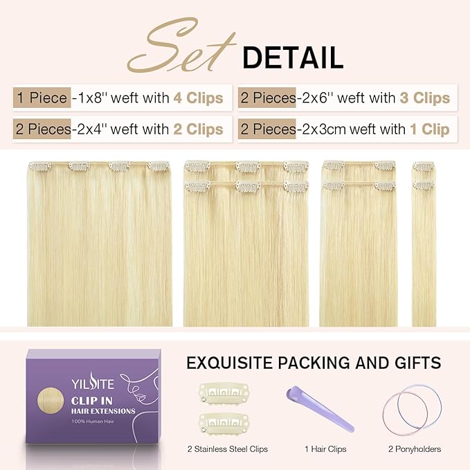 YILITE Clip in Hair Extensions Real Human Hair 16inch 70g 7Pcs #613 Bleach Blonde Clip On Hair Extensions Remy Human Hair Clip ins for Women seamless Natural Human Hair Extensions Clip in Double Weft