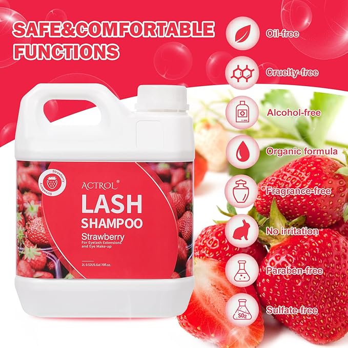 Eyelash Extension Cleanser Strawberry 2L Natural Lash Extension Shampoo Professional Eyelid Foaming Cleanser Paraben & Sulfate Free Non-lrritating with Salon and Home Care