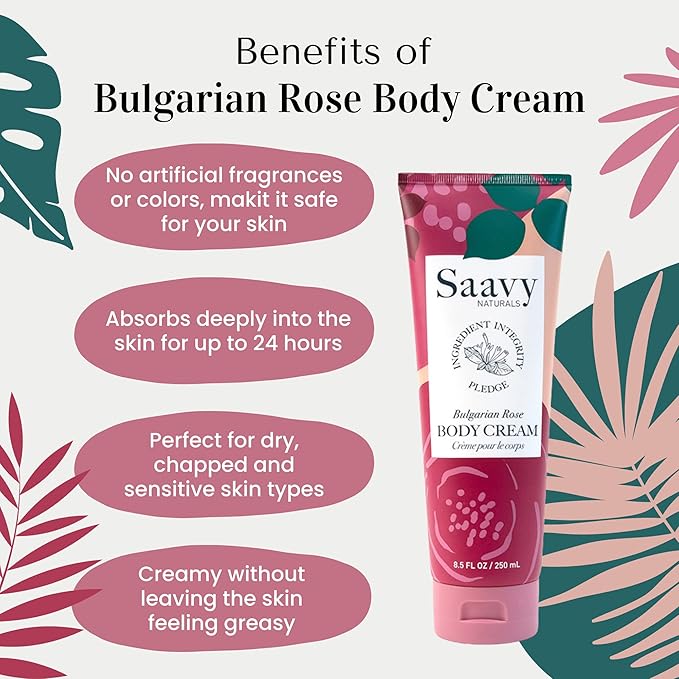 Saavy Naturals Bulgarian Rose Moisturizing Body Cream, Absorbent Shea Butter Vegan Formula for Men & Women, Thick and Creamy, Naturally Scented for Dry Sensitive Skin - 8.5 Oz, 2 Pack. Made in the USA
