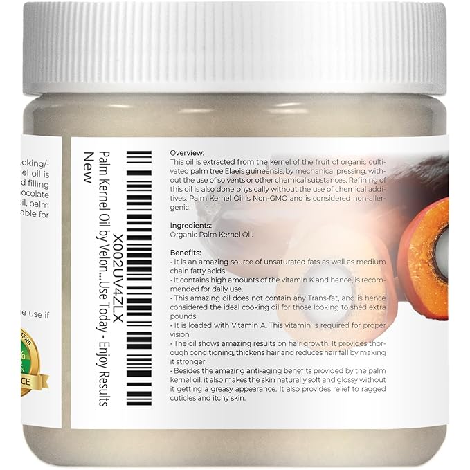 velona USDA Certified Organic Palm Kernel Oil - 4 Fl Oz | 100% Pure and Natural Carrier Oil | Refined, Cold Pressed | Face, Hair, Body & Skin Care
