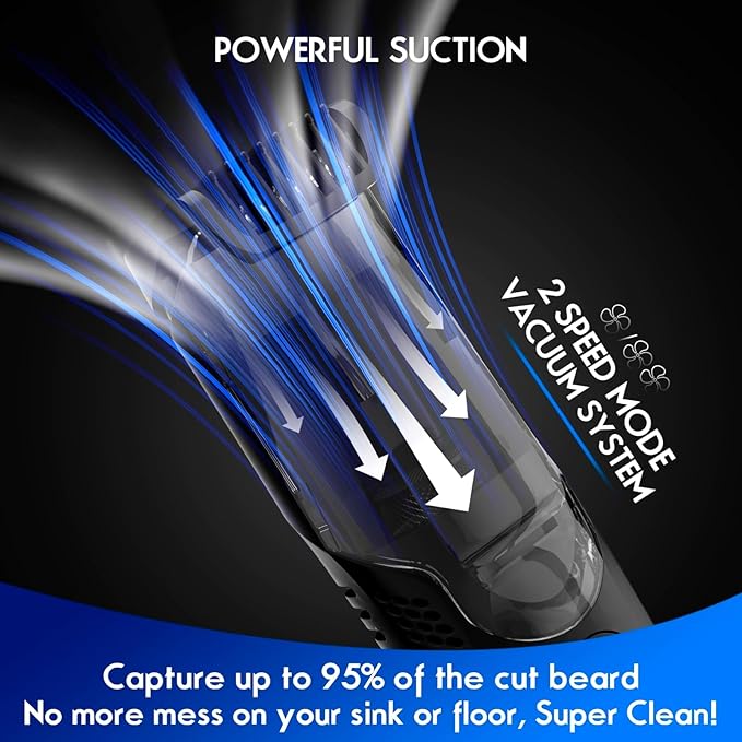 Vacuum Beard Trimmer for Men Rechargeable, IPX6 Waterproof Mustache Trimmer with Adjustable Length Combs (1/25’’-4/5’’), Men’s Electric Stubble Trimmer, Cordless with Built-in Vacuum (Black)