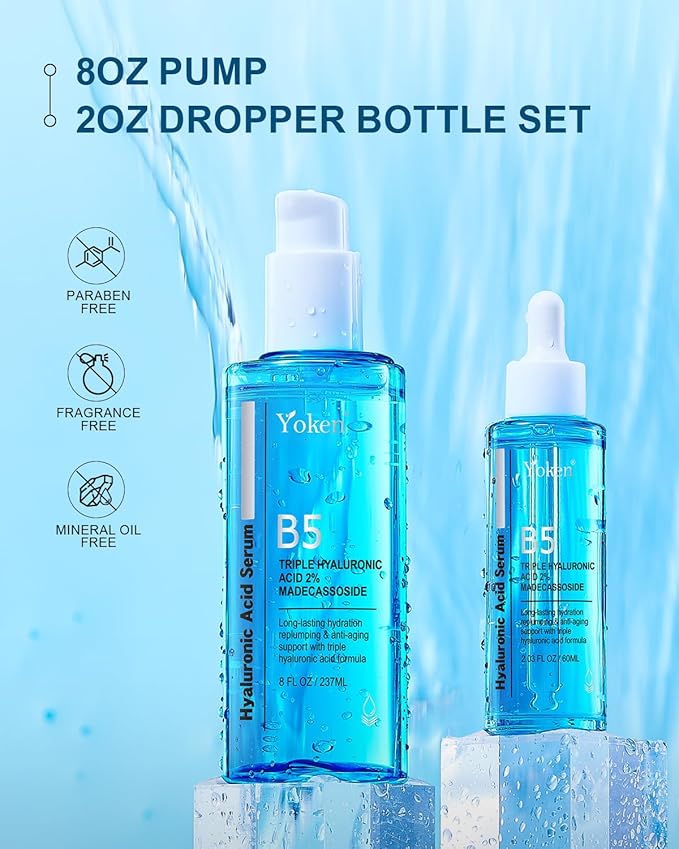 EWG Verified Hyaluronic Acid Serum for Face 8 + 2 fl oz, Vitamin B5 & Triple Pure Hyaluronic Acid 2%, Anti-aging Facial Serum for Fine Line Wrinkle Hydrating Serum Plump Dry Skin Fragrance-Free