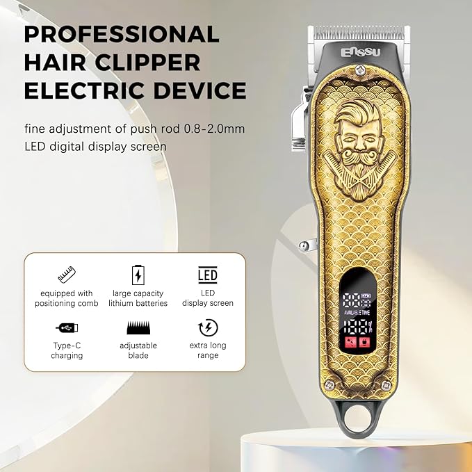ENSSU Professional Hair Clippers for Men, Cordless Barber Clippers with Adjustable Precision Blades, LED Display, and 180-Minutes Runtime for Professional Barbers & Home Haircutting