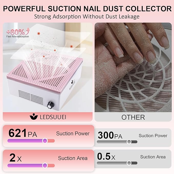 80W Nail Dust Collector LEDSUUEI: Super Powerful Dust Collector Nail Tech with Reusable Filter Adjustable Nail Vacuum Dust Collector Electric Dust Suction Machine for Acrylic Gel Nail Polishing