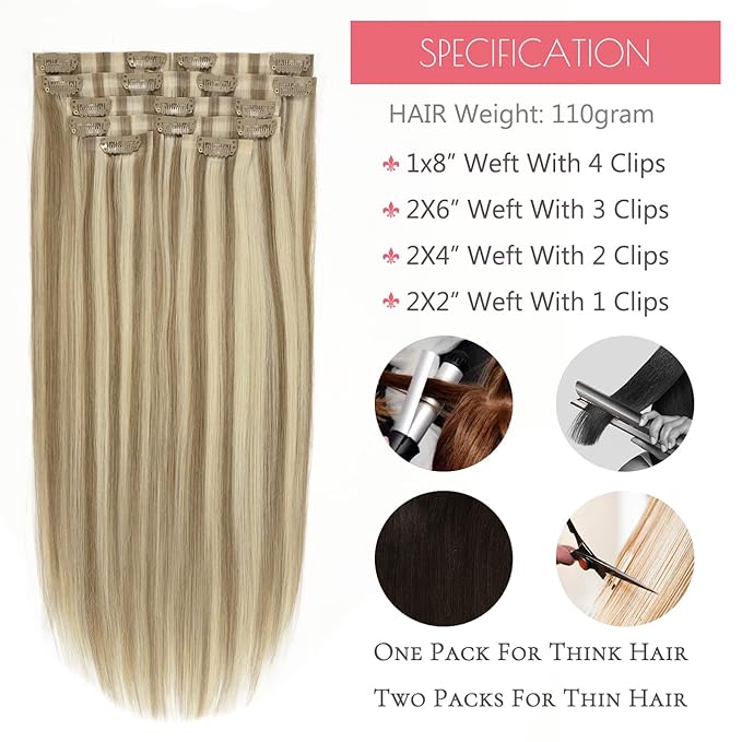 Loxxy Seamless Human Hair Clip in Extensions 22Inch Piano Light Ash Brown Mixed With Platinum Blonde Clip in Hiar Extensions Real Human Hair With PU Weft Silky Straight Seamless Clip ins 110g 7pcs