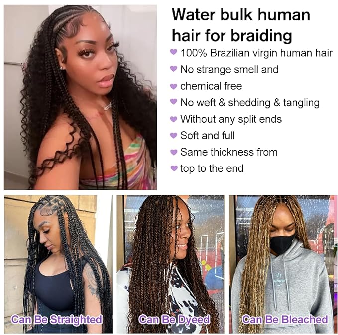 Human Braiding Hair Boho Hair For Braiding Water Wave Bulk Human Hair No Weft 100g (1Pack-2Bundles) 100% Human Hair Braiding Hair For Bohe Braids (16inch, Natural Black)