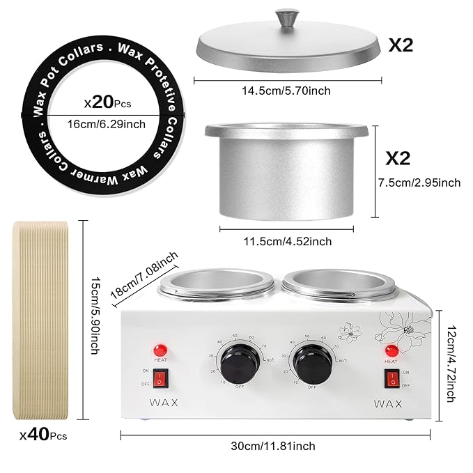 1.2L Double Wax Warmer Machine for Hair Removal, Professional Electric Wax Heater with Adjustable Temperature, Including 40PCS Wooden Wax Sticks