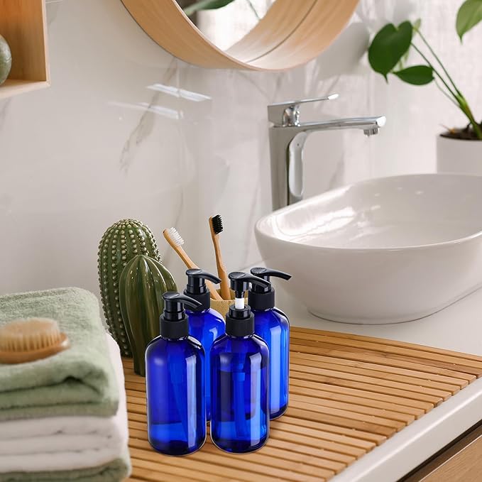 48 Pcs Pump Bottle Lotion Dispenser Refillable Shampoo Conditioner Hand Soap Dispenser Plastic Empty 8oz/250ml Clear Reusable Body Wash Container Bulk (Blue, Black)