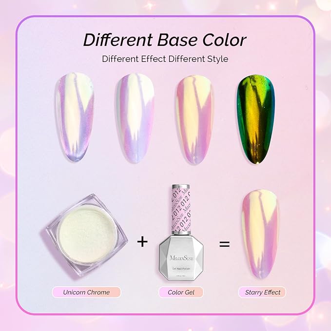 MelodySusie Unicorn Chrome Nail Powder,Ice Transparent Aurora,Mirror Effect,Color Changing Pearlescent,Multi-color Chrome Rainbow Pigment Super Shiny,Suitable for Home DIY Nail Salon