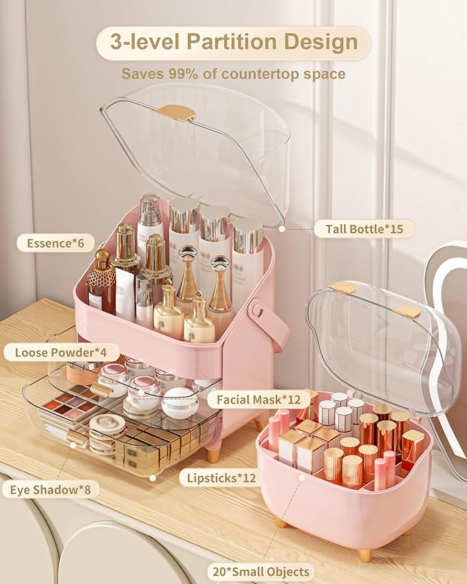 Makeup Organizer, Skincare Holder Bathroom Counter Organizer, Storage Box Cosmetic Display Cases, Teen Girl Gifts Trendy Stuff Make up Organizers for Vanity, Dresser, Countertop (Pink)