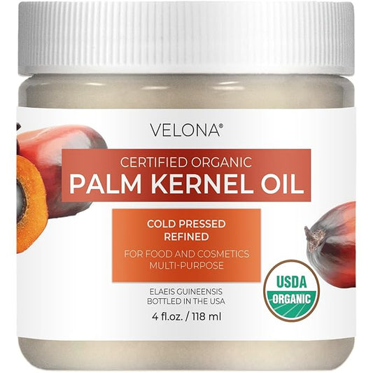 velona USDA Certified Organic Palm Kernel Oil - 4 Fl Oz | 100% Pure and Natural Carrier Oil | Refined, Cold Pressed | Face, Hair, Body & Skin Care