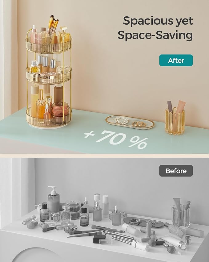 SONGMICS Makeup Organizer, 3-Tier Round Rotating Skincare Organizer Countertop, Customizable, Toiletries Vanity Organizer, Lazy Susan, Gift for Mom, Champagne Gold UJKA011A01