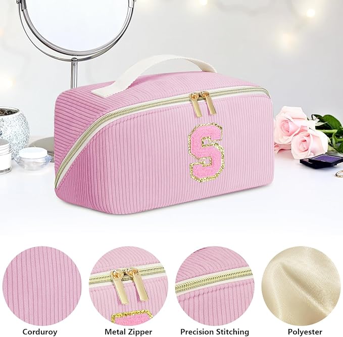 Gifts for Girls, Initial Travel Makeup Bag Women's Day Gift Make up Bag Cosmetic Bags Monther's Day Gifts, Personalized Stuff Bag Cute Makeup Bag Birthday Gifts for Women/Friend/Mother Pink - U