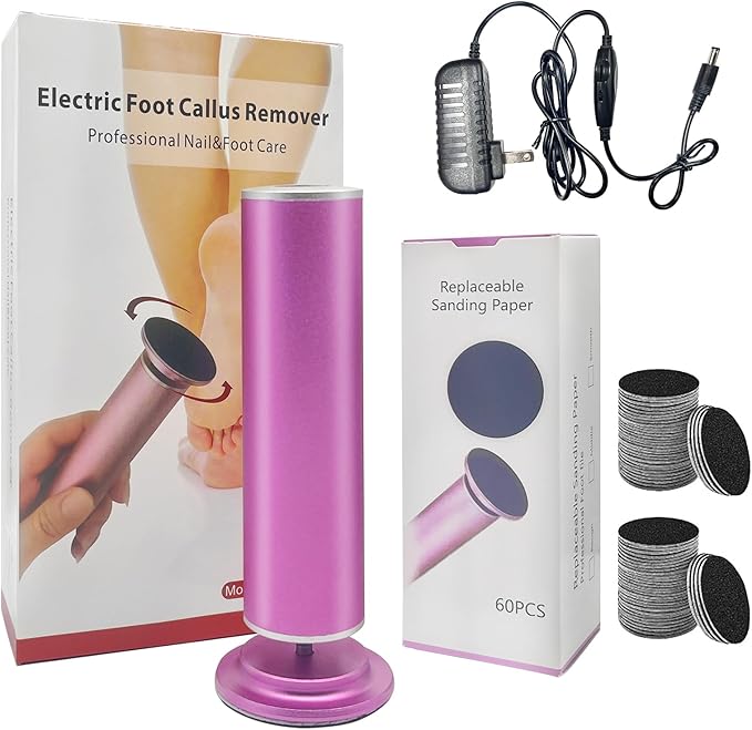 Electric Foot Callus Remover for Feet, Pedicure Tool with 60pcs Replacement Sandpaper Discs, Adjustable Speed Scrubber File Grinder for Dead Skin, Home Spa Salon Use - Pink
