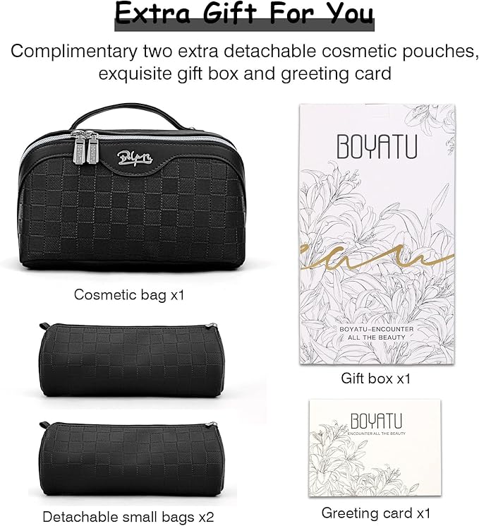 Travel Makeup Bag Organizer Cosmetic Bag: 3 Pcs Set Make up Bags for Women with Handle - Waterproof Vegan Leather Toiletry Bags with Comparments (Black)