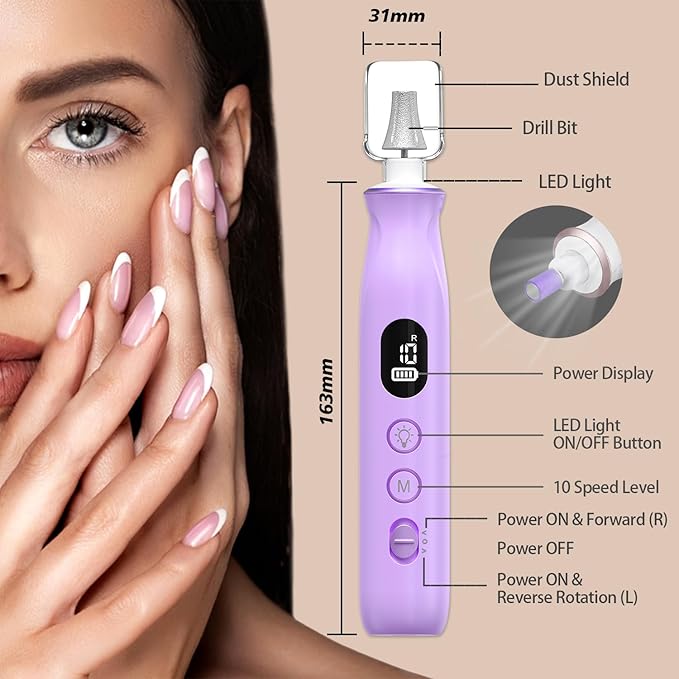Cordless Electric Nail File Set, 10 Speeds Professional Manicure Pedicure Kit with LED Light & LCD Screen, Portable Nail Drill for Natural & Acrylic Nails, Human & Pet Thick Toenails (Purple)