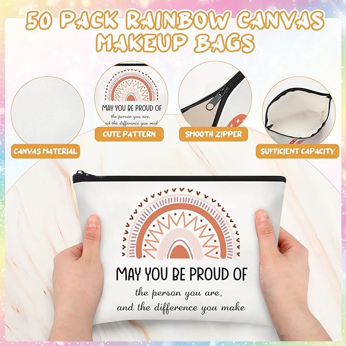 Sweetude 50 Pcs Rainbow Canvas Makeup Bags Inspirational Quotes Canvas Cosmetic Bag with Zipper Canvas Makeup Pouch Thank You Appreciation Gift for Women Teacher Christmas Favors(9.1 x 6.7 Inch)