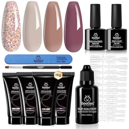 Beetles Poly Nail Extension Gel Kit, 7 Pcs Clear Jelly Glitter Golden Nude Brown Colors Poly Building Gel Enhancement Manicure Kit Top Base Coat Slip Solution Nail Art Soak Off UV Fall Nails