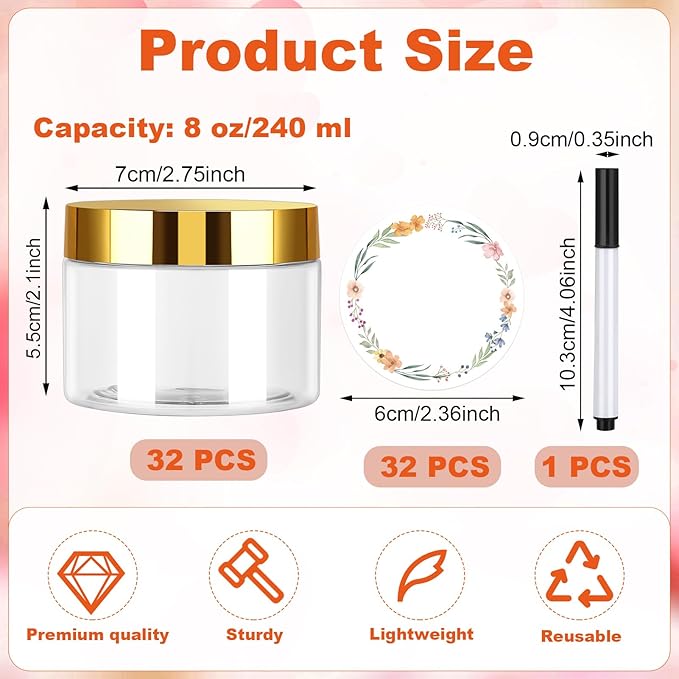 32 Pack 5 oz Plastic Jars with Gold Lids, Clear Empty Body Butter Containers Travel Size Cosmetic Bottles for Make Up and Food Storage