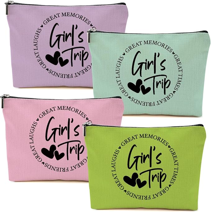 4Pcs Girls Trip Gifts Favors, 2025 Girls Weekend Gifts Makeup Bag, Bestie Gifts Weekend Bag Vacation Cosmetic Bag, Friendship Gifts for Women Best Friend BFF, Graduation Wedding Gifts Toiletry Bag