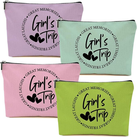 4Pcs Girls Trip Gifts Favors, 2025 Girls Weekend Gifts Makeup Bag, Bestie Gifts Weekend Bag Vacation Cosmetic Bag, Friendship Gifts for Women Best Friend BFF, Graduation Wedding Gifts Toiletry Bag
