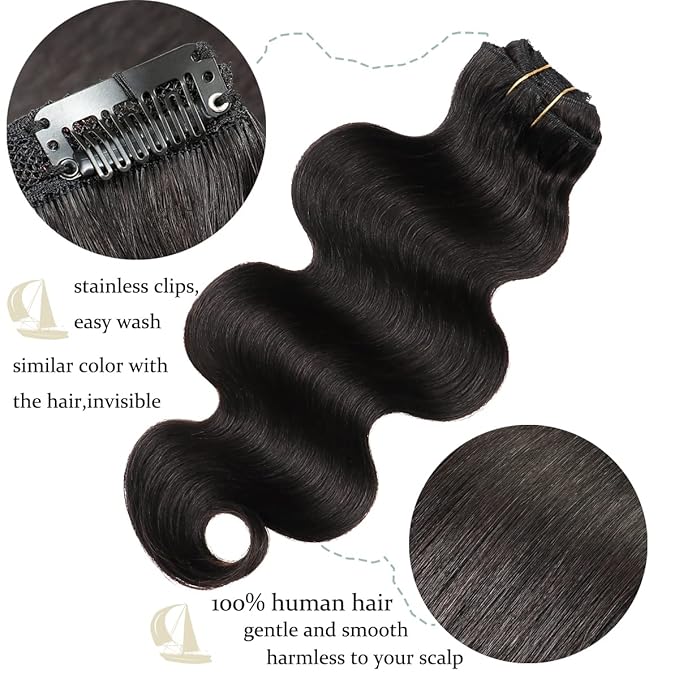 Body Wave Clip in Hair Extensions for Women,18Inch Human Hair Clip in Hair Extensions Body Wave #1B Natural Black Color Full Head 8Pcs with 20Clips 120Gram