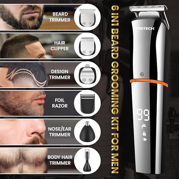 PRITECH Beard Trimmer for Men,6 in 1 Hair Clippers Kit, Precision Cordless Grooming Kit Waterproof IPX6 for Beard, Hair, Body, Nose, Ear, with Foil Razor (Silver)