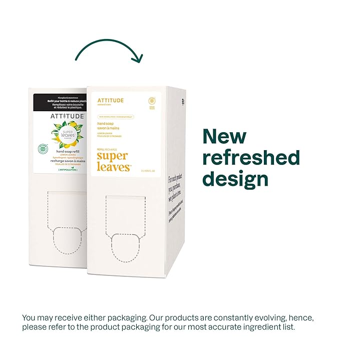 ATTITUDE Liquid Hand Soap, EWG Verified, Plant and Mineral-Based, Vegan Personal Care Products, Lemon Leaves, Bulk Refill Format, 67.6 Fl Oz