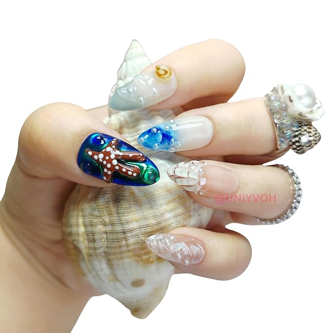Almond Press on Nails Handmade Medium Long/Stiletto 3D Flower Fake Nail with Designs, Women Reusable False Nails (Ocean Starfish, M)