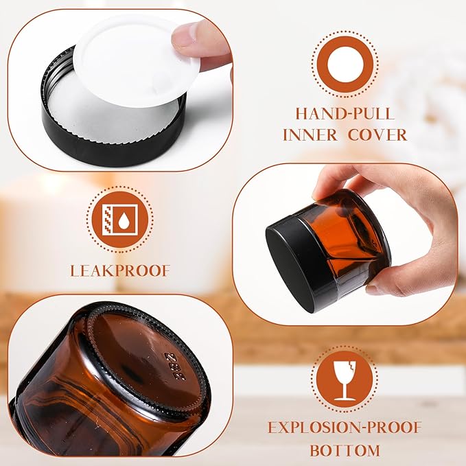 Domensi 32 Pcs 2 oz Glass Jars with Lids Travel Size Round Leakproof Empty Cosmetic Jars with Inner Liners Lid for Storing Makeup Lotions Face Cream Ointments Candle DIY Making (Amber)