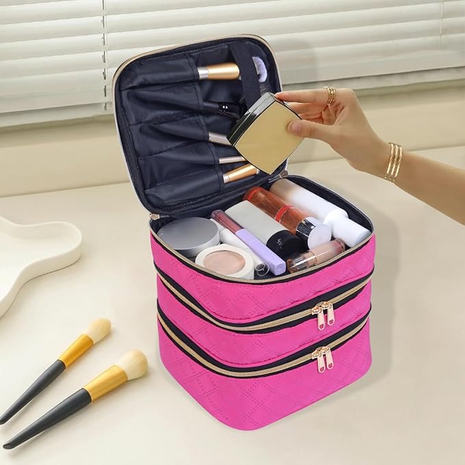 Three Layer Travel Makeup Bag Large Cosmetic Storage Organizer with Handle and Removable Divider (Wine)
