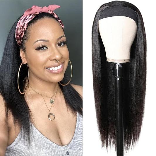 Aiterina Headband Wig Human Hair Straight Headband Half Wigs Human Hair Brazilian Glueless Human Hair Wigs None Lace Front Wigs Machine Made Wigs 150% Density Natural Color 18 Inch