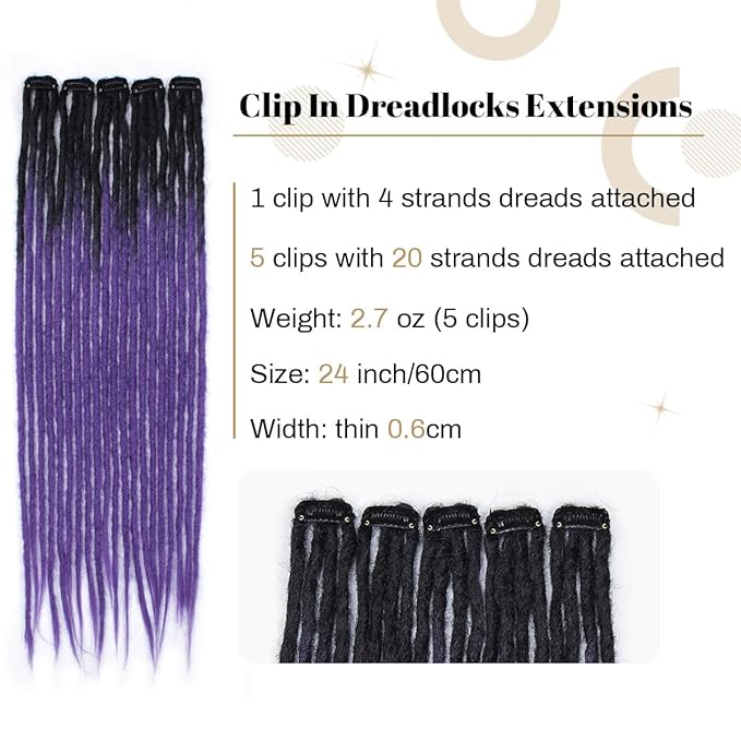 20 Strands 5 Clips In Dreadlock Extensions, 24 inch Ombre Purple Synthetic Clip In Dreads Extensions for Woman