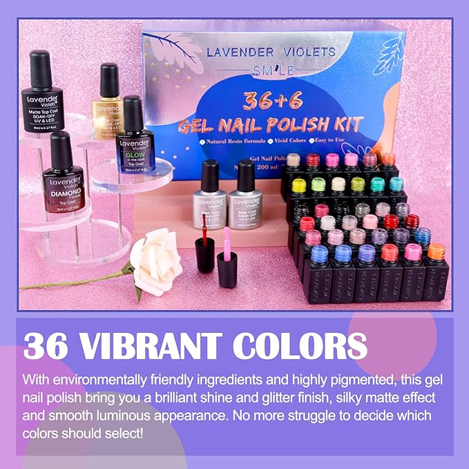Lavender Violets 42 Pcs Gel Nail Polish Kit Set with 36 Colors Coat, 6 Bottles of Base top Coat, Glossy Matte Diamond Shine Glow in the Dark Top Coat for Nail Art C951